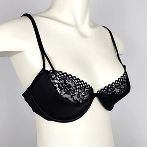 La SENZA Women's Black Satin Floral Lace Trim Sexy Demi Bra Underwire L